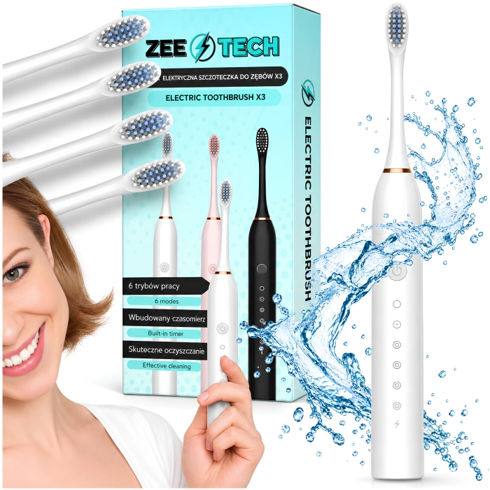 Szczoteczka elektryczna, soniczna do zębów - 6 trybów + 4 końcówki (Biała)
