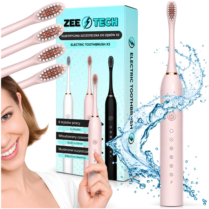 Szczoteczka elektryczna, soniczna do zębów - 6 trybów + 4 końcówki (Różowa)