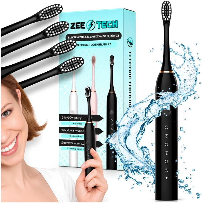 Szczoteczka elektryczna, soniczna do zębów - 6 trybów + 4 końcówki (Czarna)