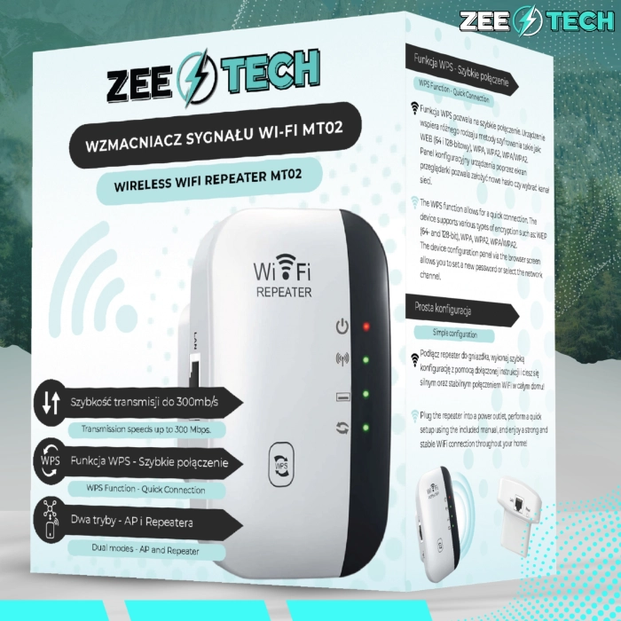 Wzmacniacz sygnału WiFi 300 mb/s + repeater z mocnym zasięgiem (2 tryby + WPS)