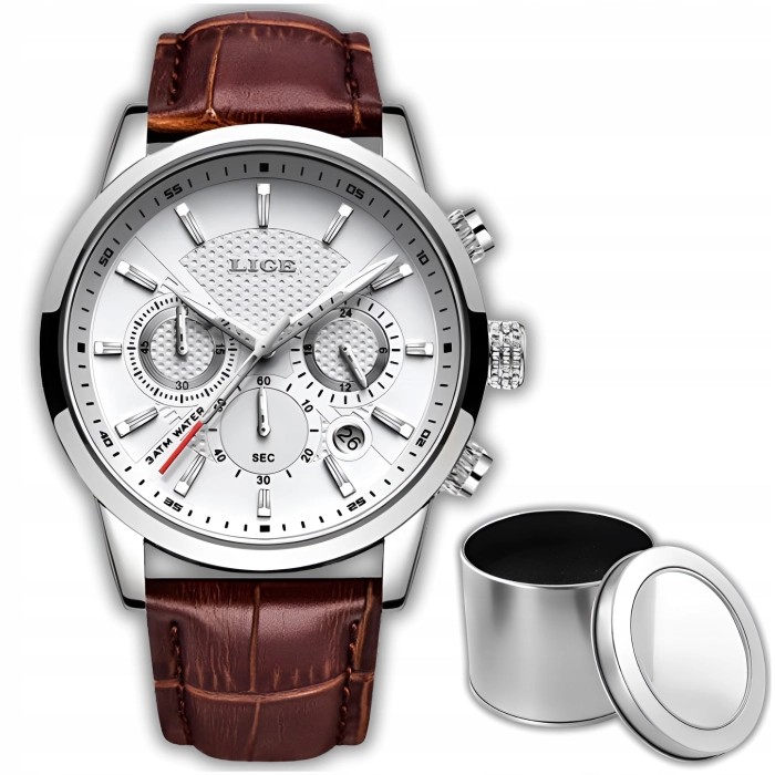 Zegarek męski LIGE skórzany pasek - klasyczny i elegancki z datownikiem + Pudełko (Srebrny)
