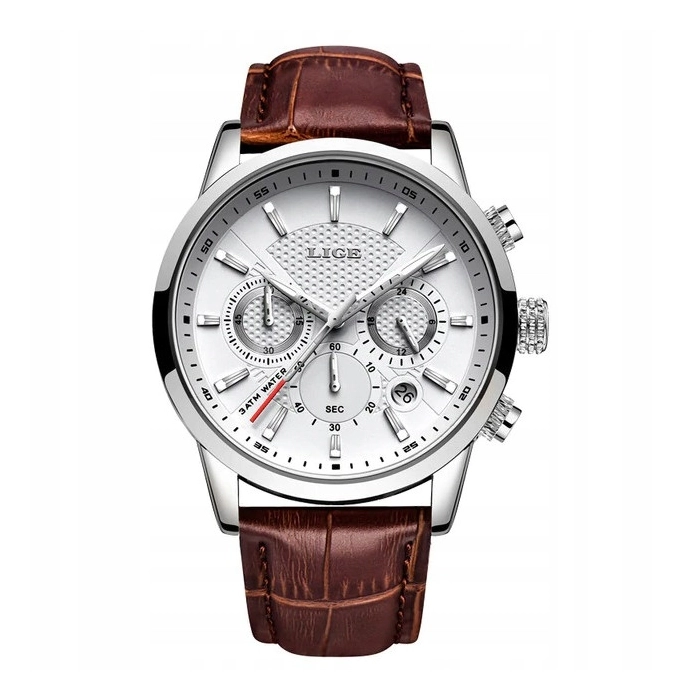 Zegarek męski LIGE skórzany pasek - klasyczny i elegancki z datownikiem + Pudełko (Srebrny)