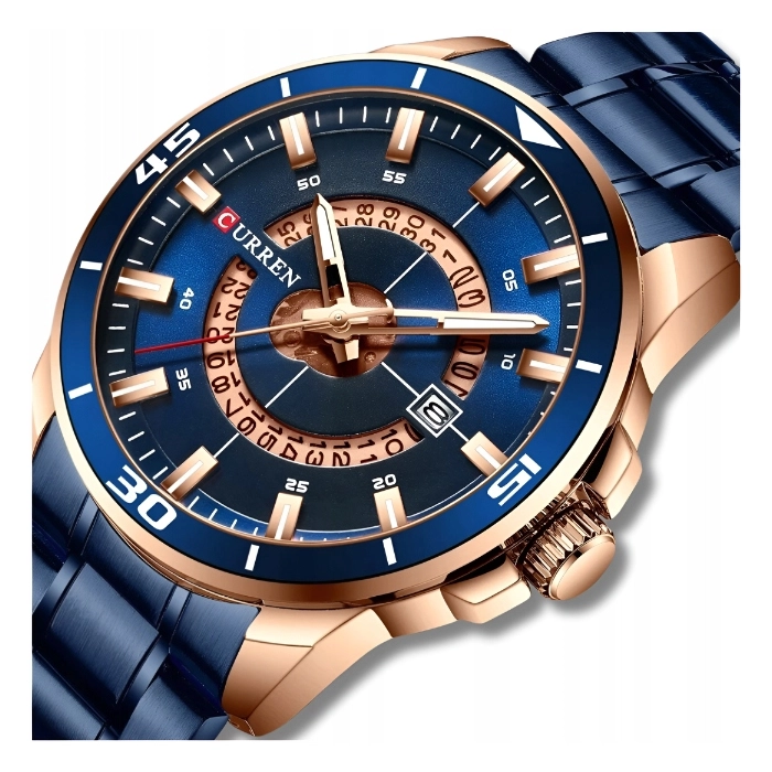 Zegarek Curren męski na bransolecie - kwarcowy i elegancki z datownikiem (Granatowy)
