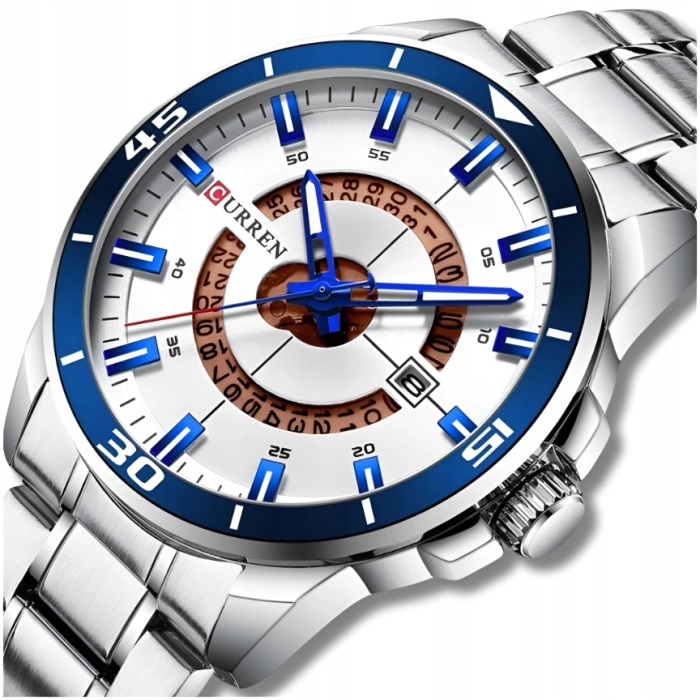 Zegarek Curren męski na bransolecie - kwarcowy i elegancki z datownikiem (Srebrno-niebieski)