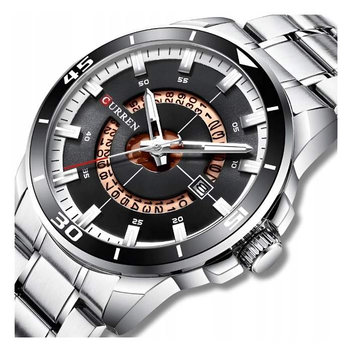 Zegarek Curren męski na bransolecie - kwarcowy i elegancki z datownikiem (Srebrno-czarny)