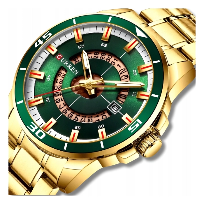 Zegarek Curren męski na bransolecie - kwarcowy i elegancki z datownikiem (Złoty )