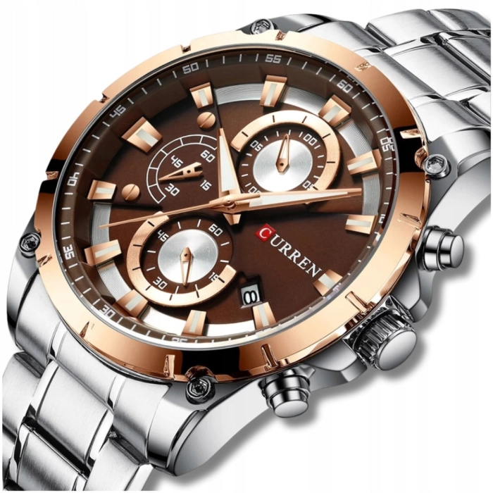 Zegarek Curren męski na bransolecie - kwarcowy z chronografem i datownikiem (Srebrno-brązowy)