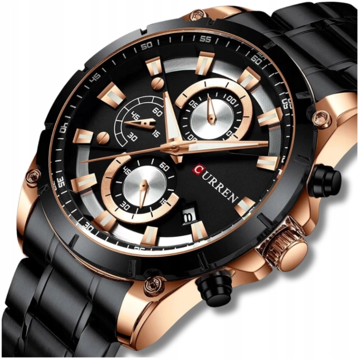 Zegarek Curren męski na bransolecie - kwarcowy z chronografem i datownikiem (Czarny)
