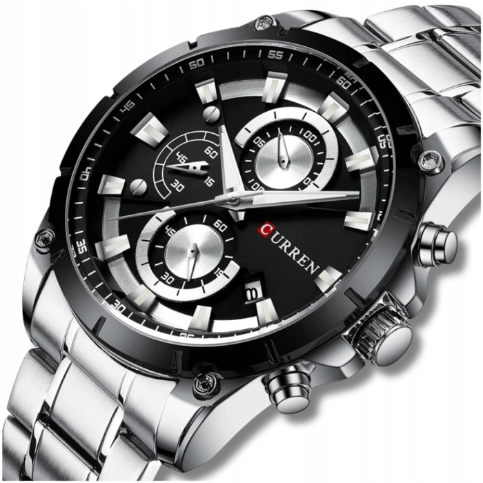 Zegarek Curren męski na bransolecie - kwarcowy z chronografem i datownikiem (Srebrno-czarny)