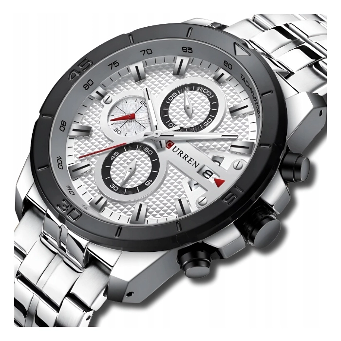 Zegarek męski na bransolecie Curren - elegancki z chronografem i datownikiem (Srebrny)