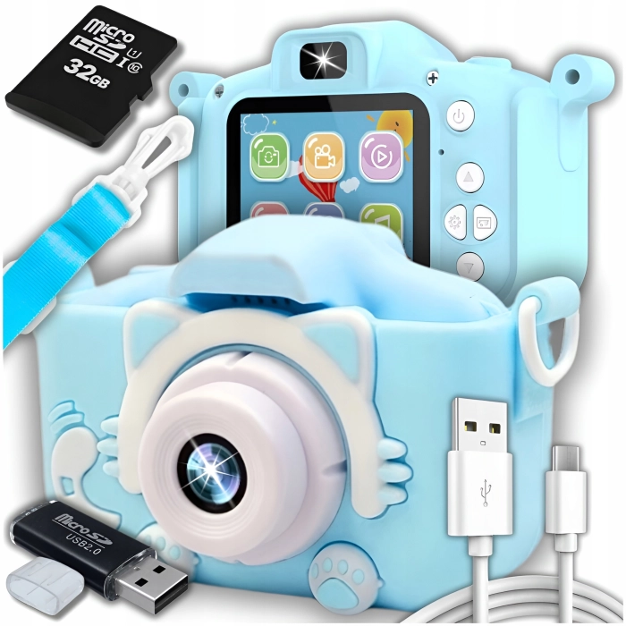 Aparat fotograficzny cyfrowy dla dzieci 3 mpx - Kotek + Karta 32 GB (Niebieski)