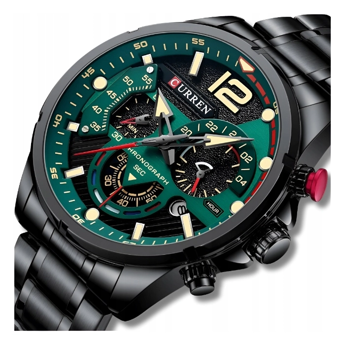 Zegarek męski naręczny Curren - kwarcowy z chronografem i datownikiem (Czarno-zielony)