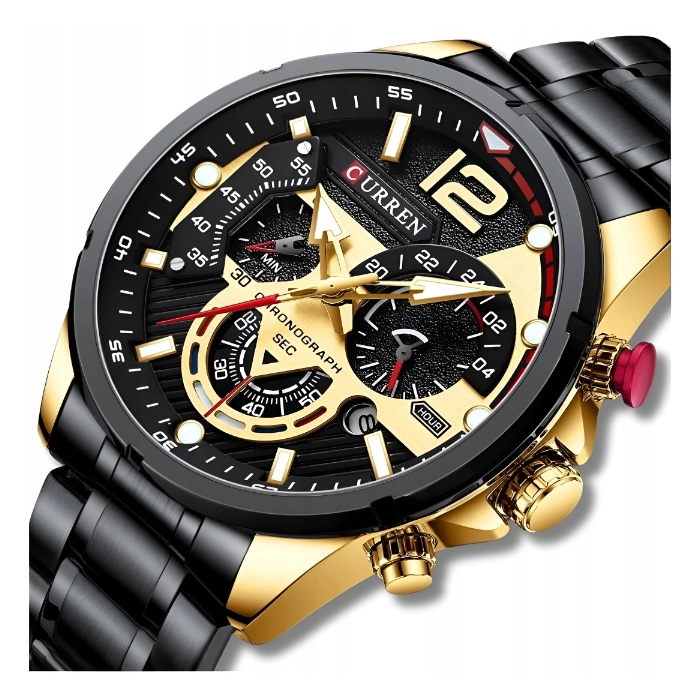 Zegarek męski naręczny Curren - kwarcowy z chronografem i datownikiem (Czarno-złoty)