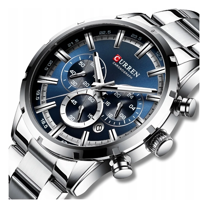 Zegarek na bransolecie męski Curren - elegancki z chronografem i datownikiem (Srebrno-niebieski)