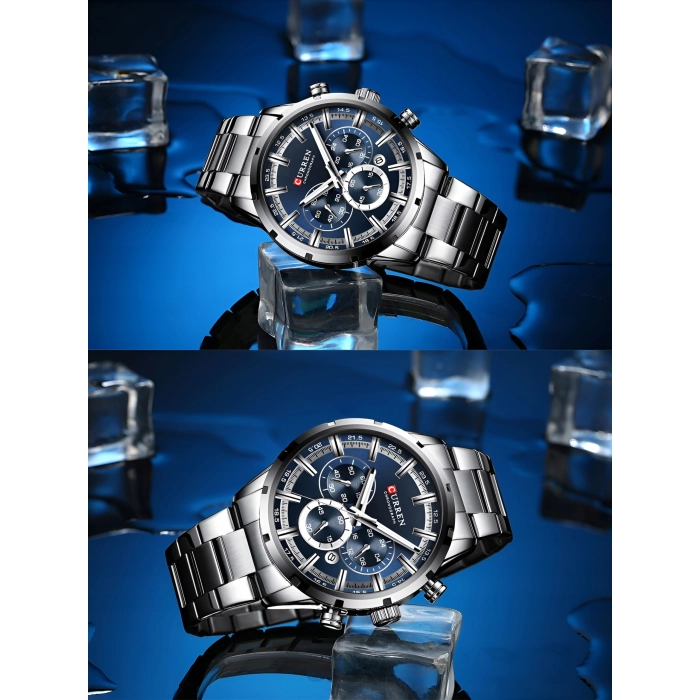 Zegarek na bransolecie męski Curren - elegancki z chronografem i datownikiem (Srebrno-niebieski)