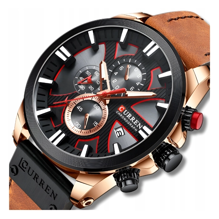 Zegarek skórzany męski Curren - elegancki z chronografem i datownikiem (Brązowy-złoto-czarny)