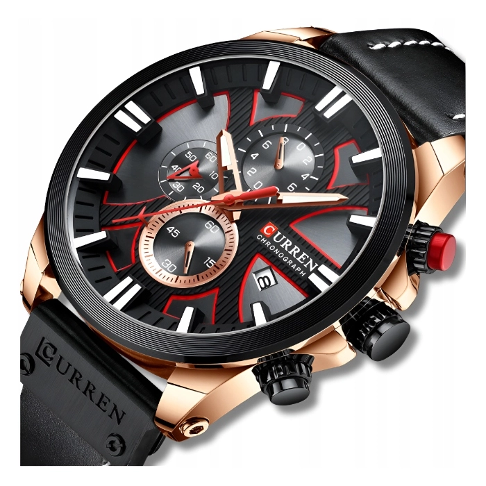 Zegarek skórzany męski Curren - elegancki z chronografem i datownikiem (Czarno-złoto-czarny)