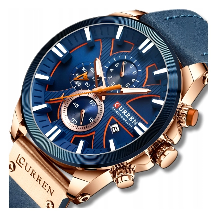 Zegarek skórzany męski Curren - elegancki z chronografem i datownikiem (Granatowy)