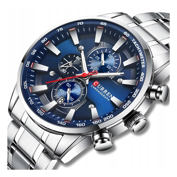 Zegarek na bransolecie męski Curren - klasyczny z chronografem i datownikiem (Srebrno-niebieski)