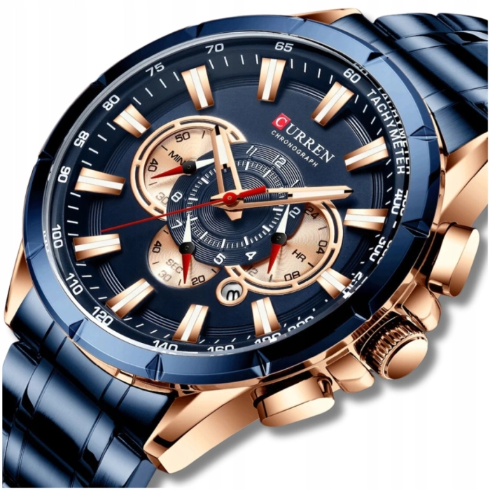 Zegarek męski na bransolecie Curren - kwarcowy z chronografem i datownikiem (Granatowy)