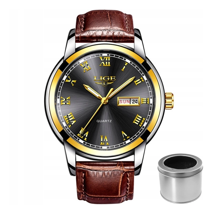 Zegarek męski LIGE skórzany pasek - klasyczny i elegancki z datownikiem + Pudełko (Czarny)