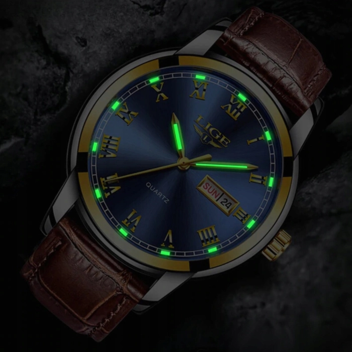 Zegarek męski LIGE skórzany pasek - klasyczny i elegancki z datownikiem + Pudełko (Czarny)