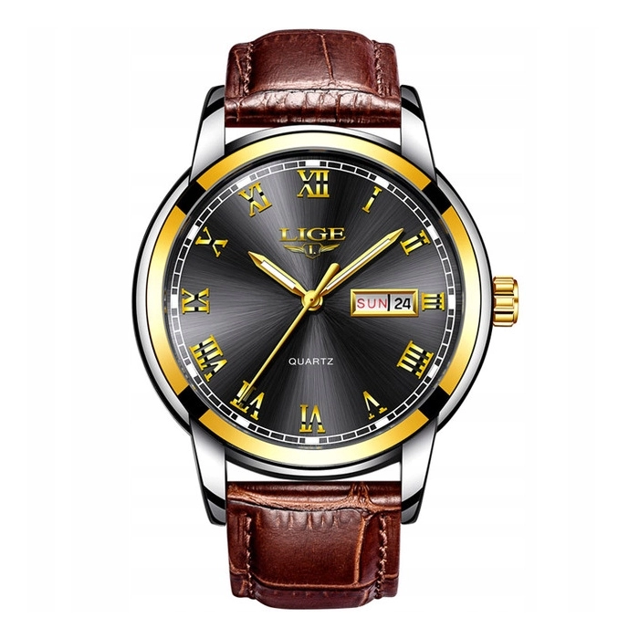Zegarek męski LIGE skórzany pasek - klasyczny i elegancki z datownikiem + Pudełko (Czarny)