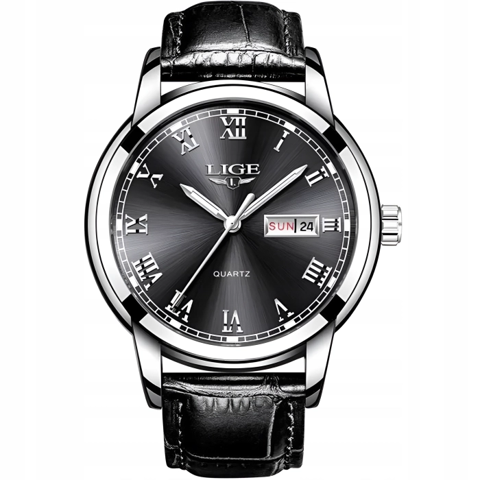Zegarek męski LIGE skórzany pasek - klasyczny i elegancki z datownikiem + Pudełko (Czarny)