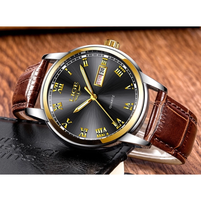 Zegarek męski LIGE skórzany pasek - klasyczny i elegancki z datownikiem + Pudełko (Czarny)