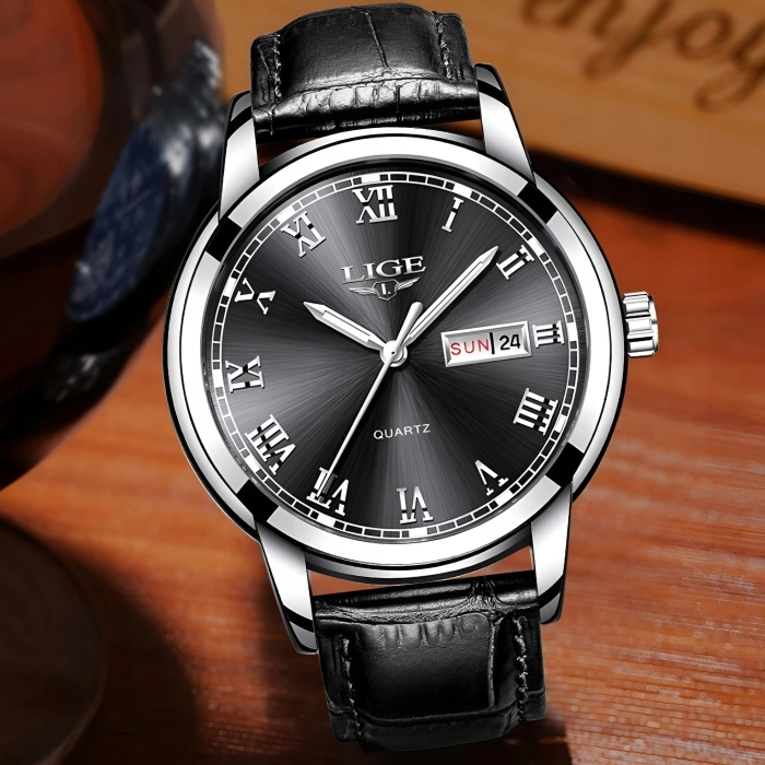 Zegarek męski LIGE skórzany pasek - klasyczny i elegancki z datownikiem + Pudełko (Czarny)