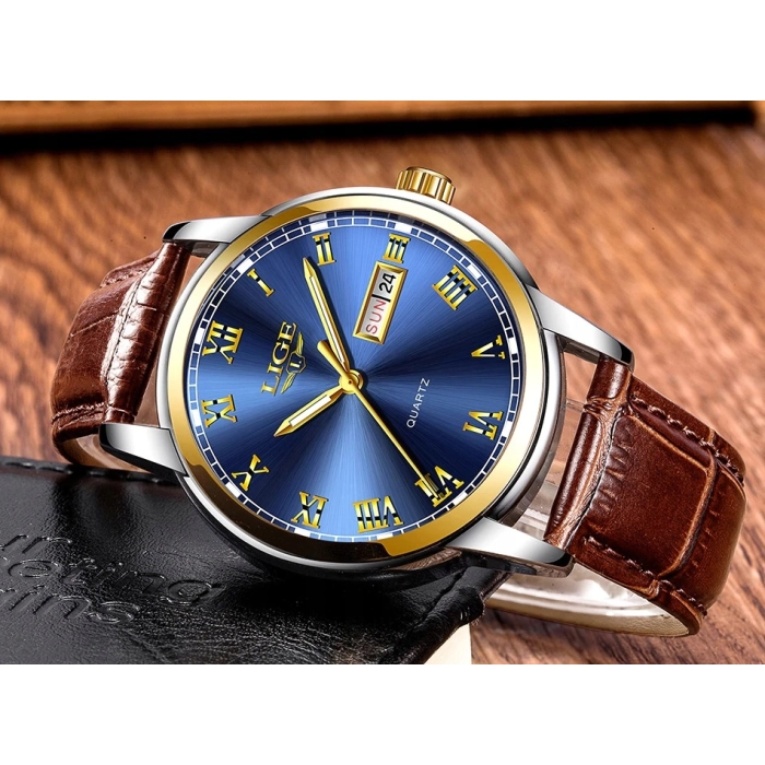 Zegarek męski LIGE skórzany pasek - klasyczny i elegancki z datownikiem + Pudełko (Czarny)