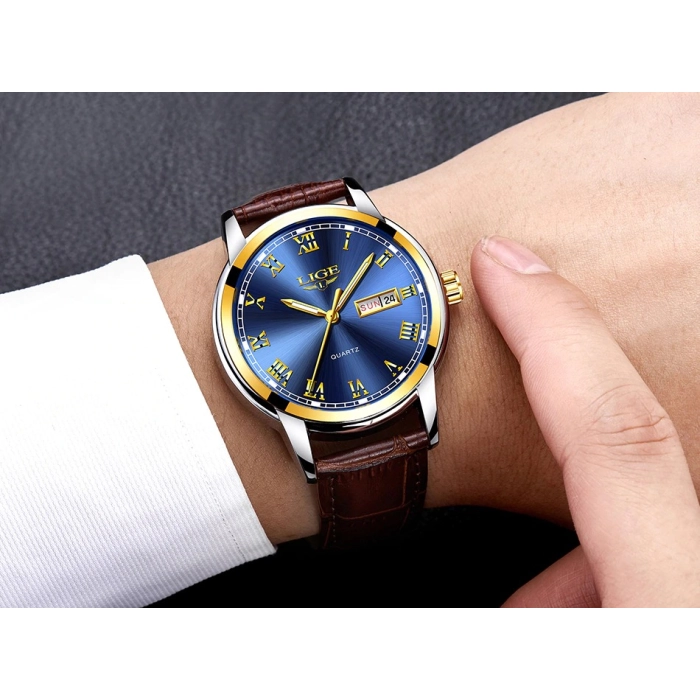 Zegarek męski LIGE skórzany pasek - klasyczny i elegancki z datownikiem + Pudełko (Czarny)