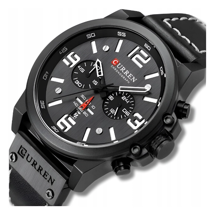Zegarek męski skórzany Curren - klasyczny z chronografem i datownikiem (Czarny)