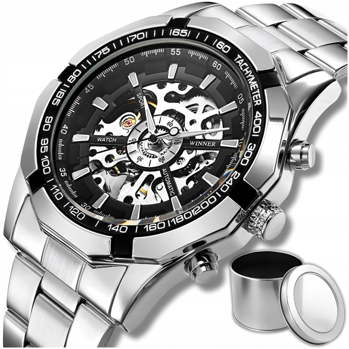Zegarek mechaniczny męski Winner - automatyczny z bransoletą + Pudełko (Srebrno-czarny)