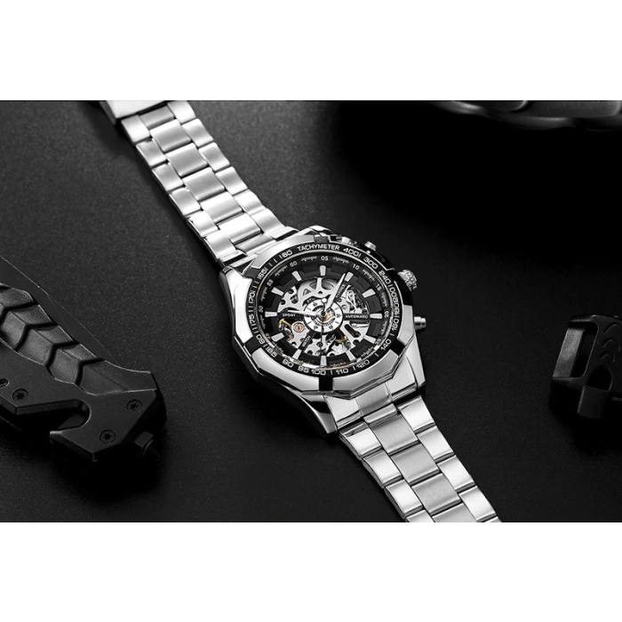 Zegarek mechaniczny męski Winner - automatyczny z bransoletą + Pudełko (Srebrno-czarny)