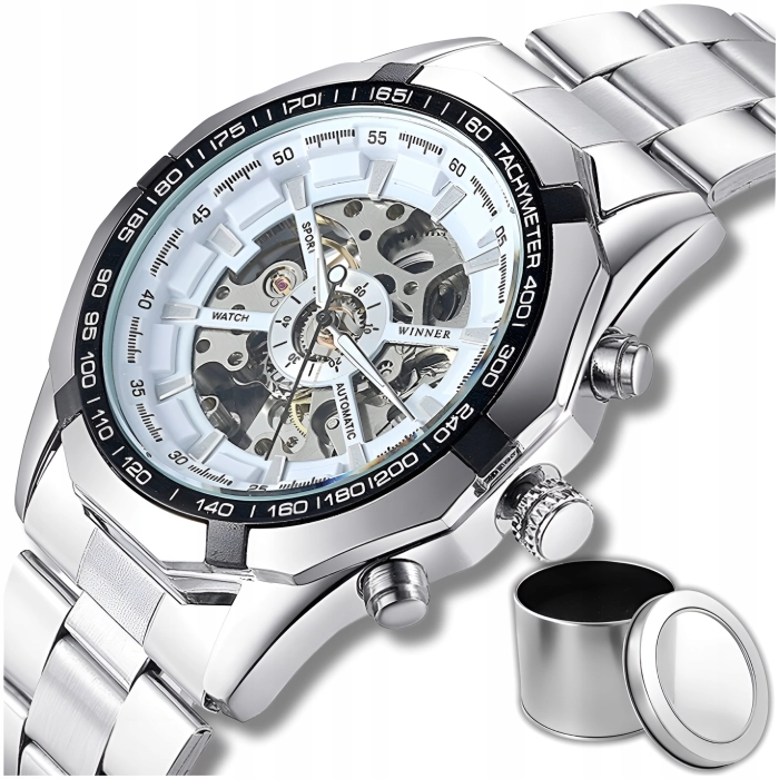 Zegarek mechaniczny męski Winner - automatyczny z bransoletą + Pudełko (Srebrno-biały)