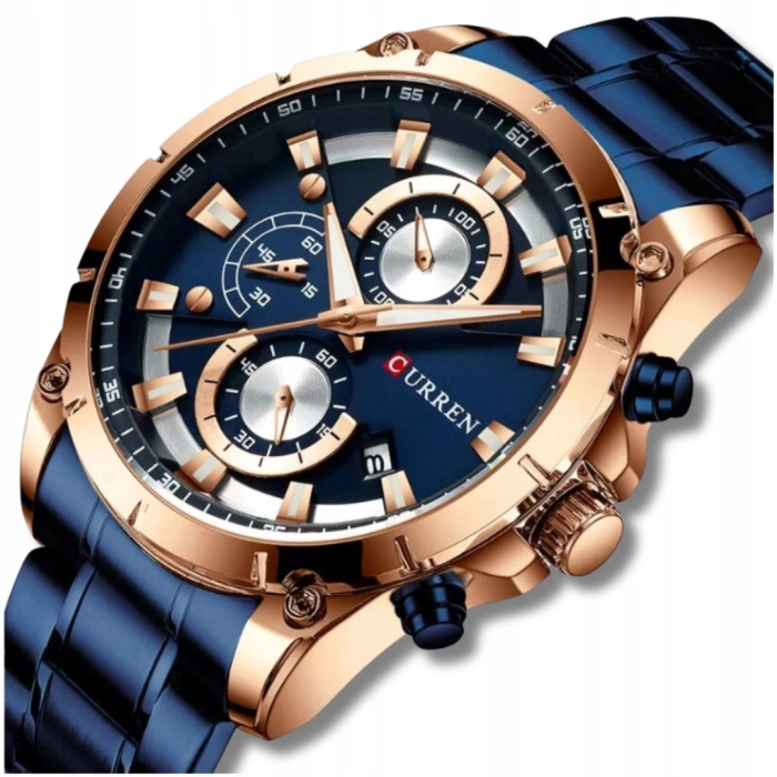 Zegarek Curren męski na bransolecie - kwarcowy z chronografem i datownikiem (Granatowy)