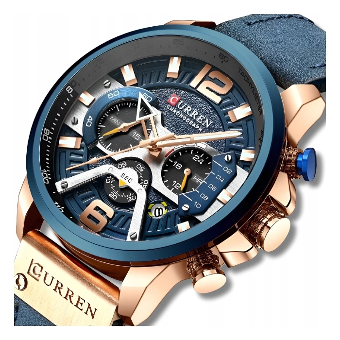 Zegarek męski skórzany Curren - elegancki z chronografem i datownikiem (Niebieski)