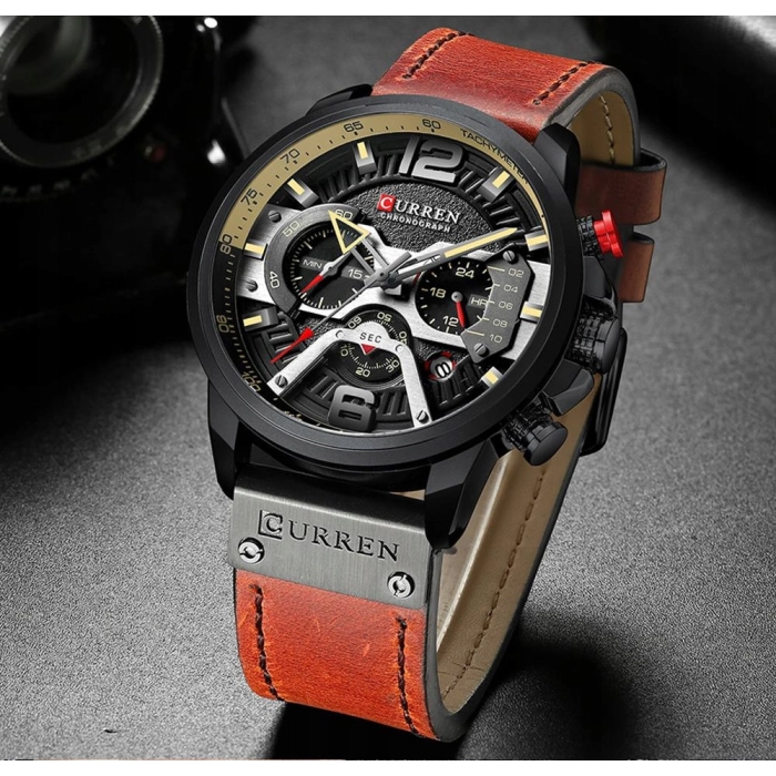 Zegarek męski skórzany Curren - elegancki z chronografem i datownikiem (Niebieski)