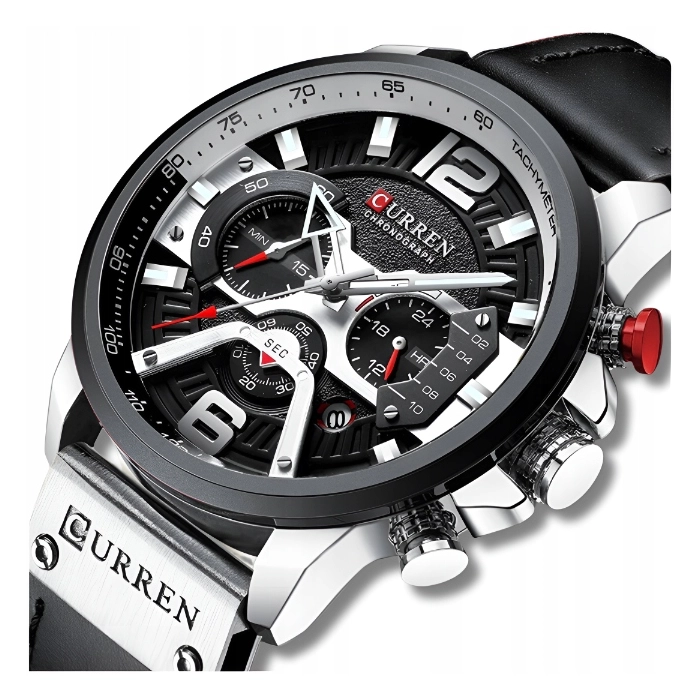 Zegarek męski skórzany Curren - elegancki z chronografem i datownikiem (Czarno-srebrny)