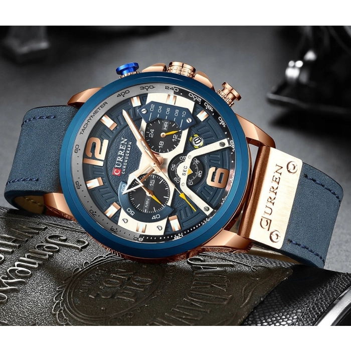 Zegarek męski skórzany Curren - elegancki z chronografem i datownikiem (Czarno-srebrny)