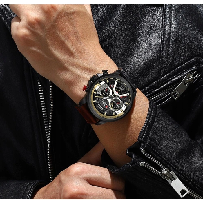 Zegarek męski skórzany Curren - elegancki z chronografem i datownikiem (Brązowy-złoto-czarny)