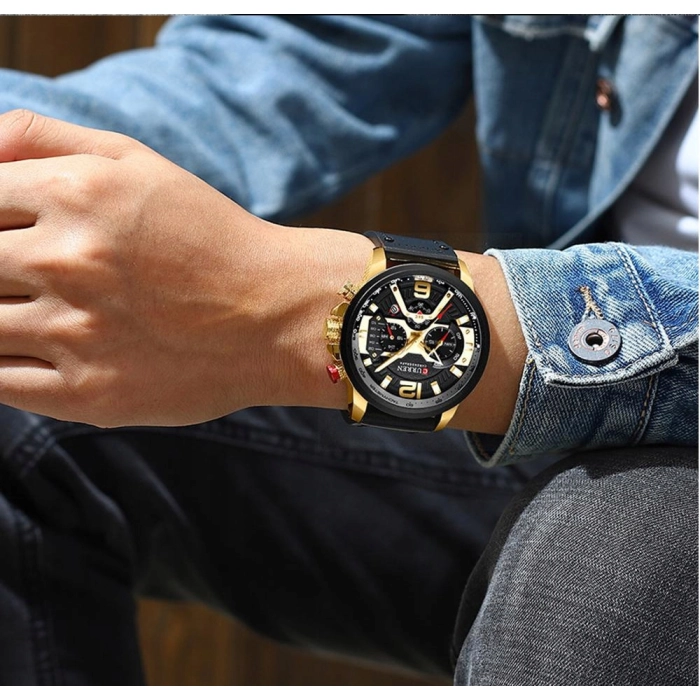 Zegarek męski skórzany Curren - elegancki z chronografem i datownikiem (Brązowy-złoto-czarny)