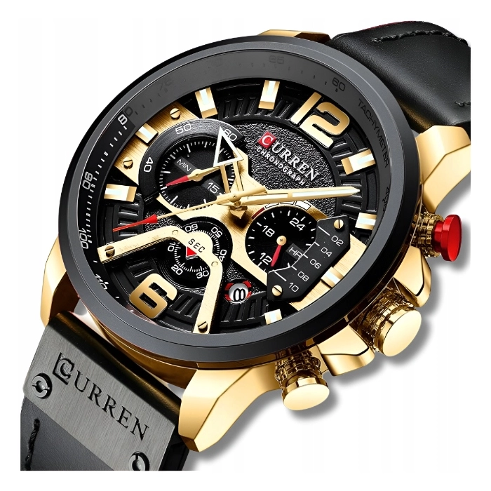 Zegarek męski skórzany Curren - elegancki z chronografem i datownikiem (Czarno-złoto-czarny)