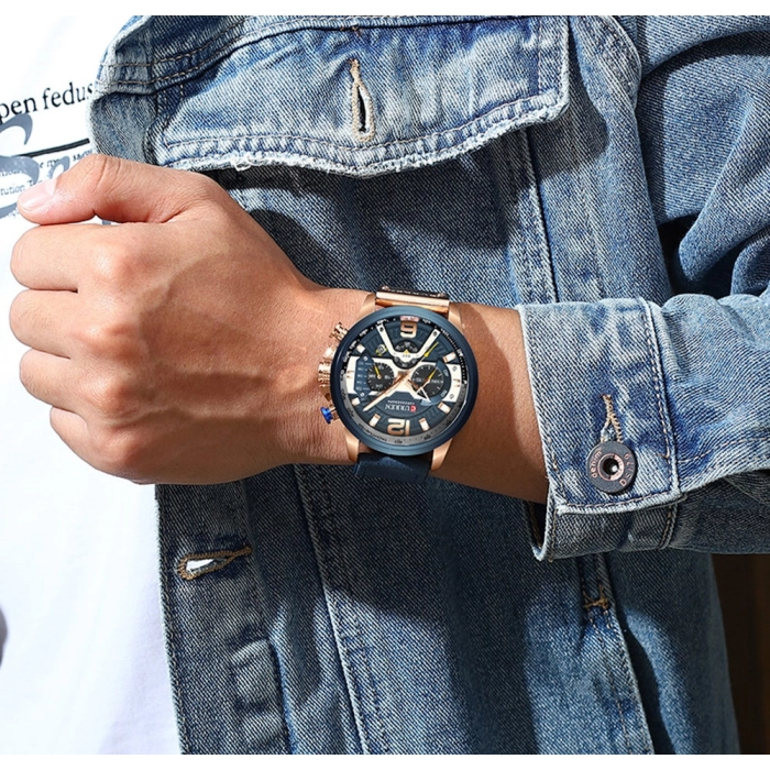 Zegarek męski skórzany Curren - elegancki z chronografem i datownikiem (Czarno-złoto-czarny)