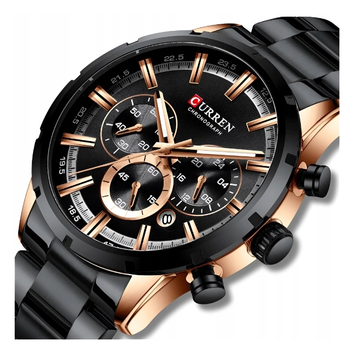 Zegarek na bransolecie męski Curren - elegancki z chronografem i datownikiem (Czarny)
