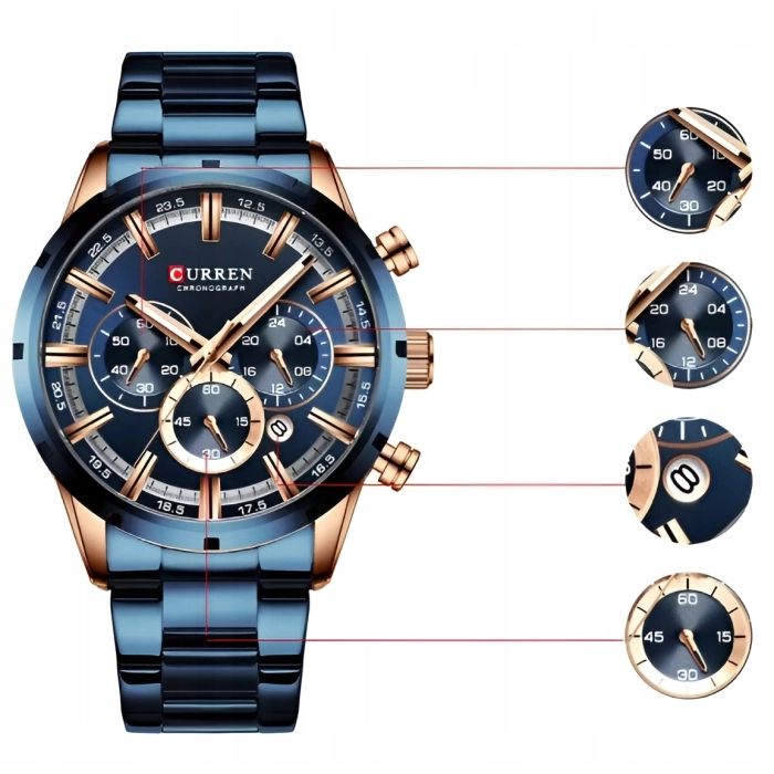 Zegarek na bransolecie męski Curren - elegancki z chronografem i datownikiem (Czarny)