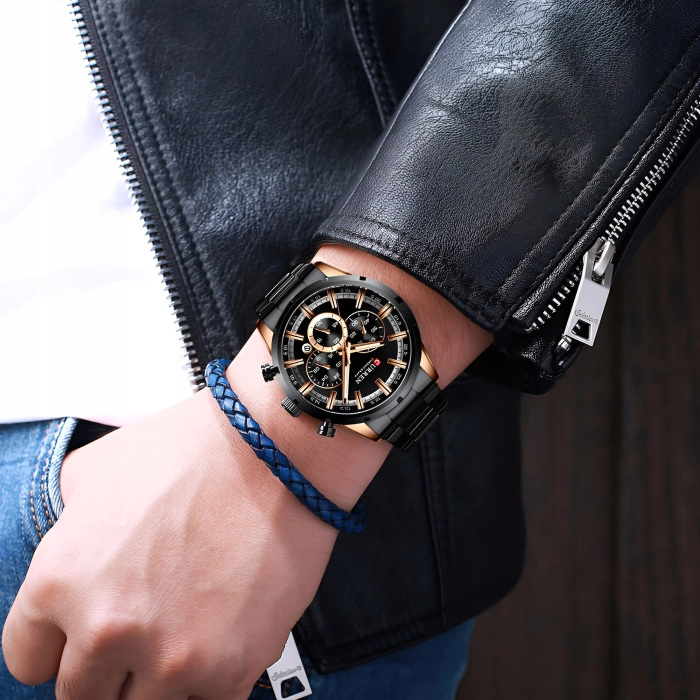 Zegarek na bransolecie męski Curren - elegancki z chronografem i datownikiem (Czarny)