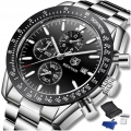 Zegarek męski na bransolecie Benyar - klasyczny i elegancki z chronografem + Pudełko (Czarny)