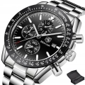 Zegarek męski na bransolecie Benyar - klasyczny i elegancki z chronografem + Pudełko (Czarny)